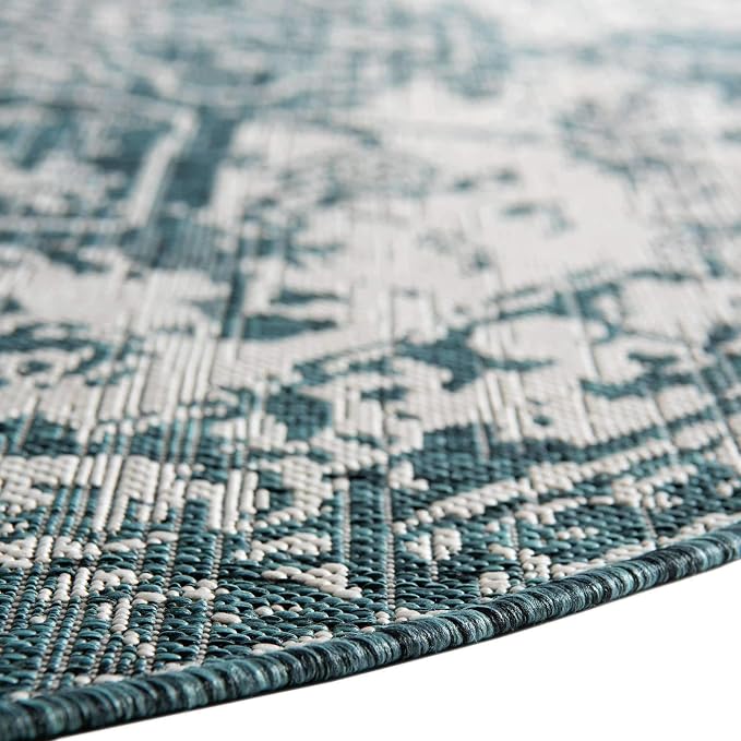 Unique Loom Jill Zarin Outdoor Collection Area Rug - Dubai (6' 7'' Round, Teal/ Ivory)