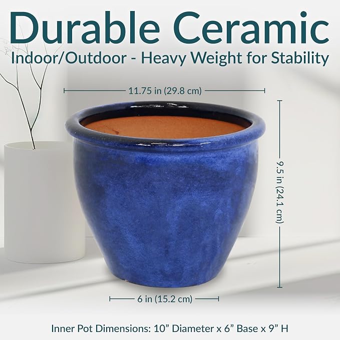 Sunnydaze Round Ceramic Planter - Set of 2 Indoor or Outdoor Plant Pots with Drainage Hole - Chalet - 12" - Imperial Blue Glaze