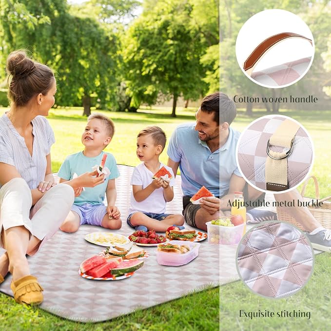 Nuanchu Checkered Picnic Blanket Extra Large Outdoor Blanket Sandproof 80"x80" Waterproof Portable Machine Washable 3 Layer Thick Gingham Picnic Mat for Beach Camping Park Grass Travel (Brown)