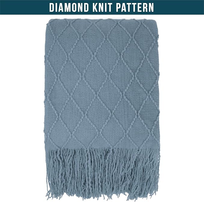 PAVILIA Dusty Blue Knit Throw Blanket for Couch, Twin Bed, Soft Knitted Farmhouse Sofa Throw for Living Room, Lightweight Decorative Summer Blanket for Chair, Outdoor Textured Boho Blanket, 60x80