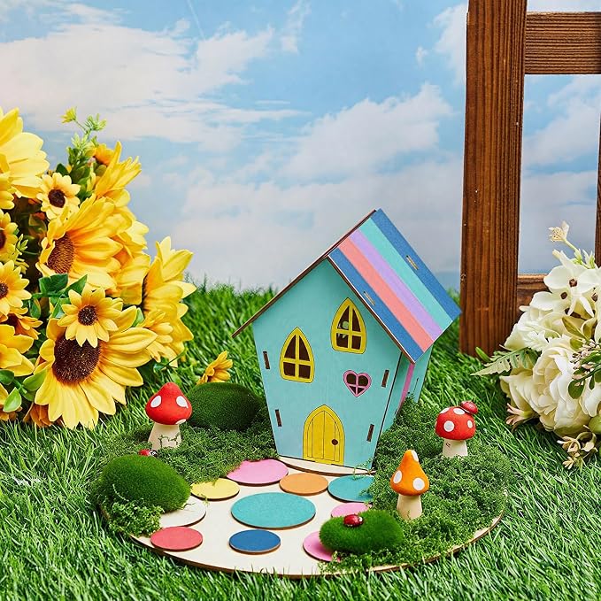 Kathfly 2 Sets Wooden Fairy House DIY Craft Kit for Kids with Paints & Decorations, Unpainted Miniature Garden Accessories for Home Event Party Decorations, Arts Birthday Party Favor (Fairy House)