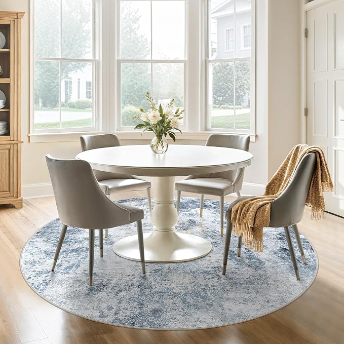 DMOYEST 6ft Round Area Rug for Living Room Washable Non Slip Circle Rug | 6x6 Neutral Modern Abstract Low Pile Rugs Kid & Pet Friendly Soft Carpet for Bedroom and Dining Room - Blue