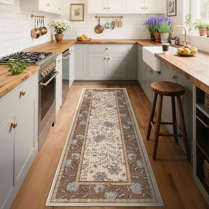 GarveeHome 2x6 Washable Runner Rug Brown Non Slip Kitchen Runner | Hallway Soft Botanical Floral Farmhouse Laundry Mat Stain Resistant Carpet for Bedroom Bathroom Bedside Rug