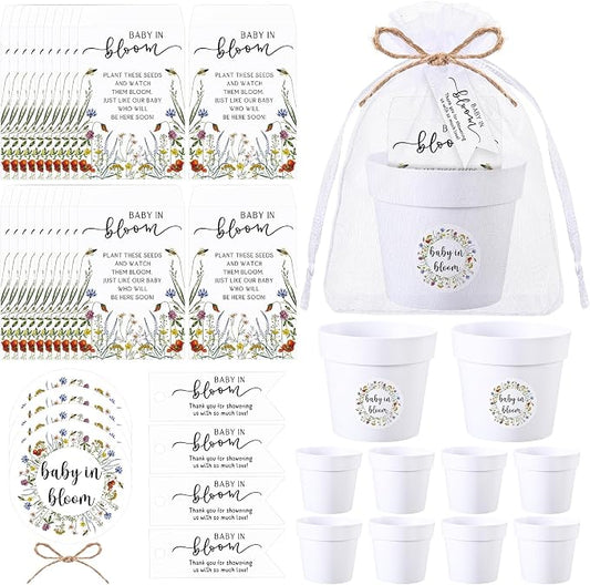 FoldTier 50 Sets Baby Shower Seeds Favors for Guests Mini Plastic Pots Kraft Wildflowers Envelopes with Thank You Tags, Stickers, Organza Bags, Baby in Bloom Party Favors (No Seed)