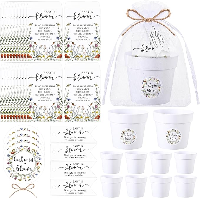 FoldTier 25 Sets Baby Shower Seeds Favors for Guests Mini Plastic Pots Kraft Wildflowers Envelopes with Thank You Tags, Stickers, Organza Bags, Baby in Bloom Party Favors (No Seed)