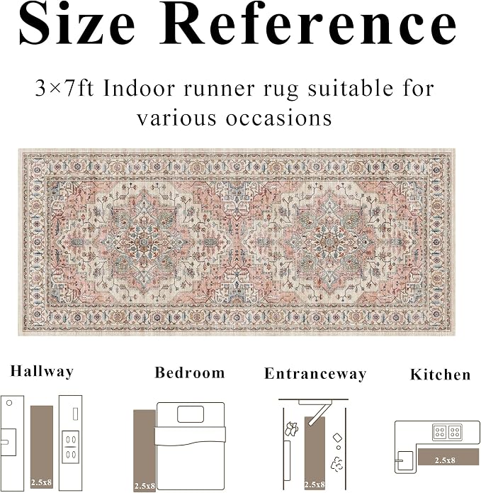 3x7 Vintage Runner Rug Low Pile Non-Slip Washable Hallway Rug | Retro Distressed Print Rug Non-Shedding Beige Pink Carpet Stain Resistant Long Rug for Hallway Kitchen Bedroom Laundry Room