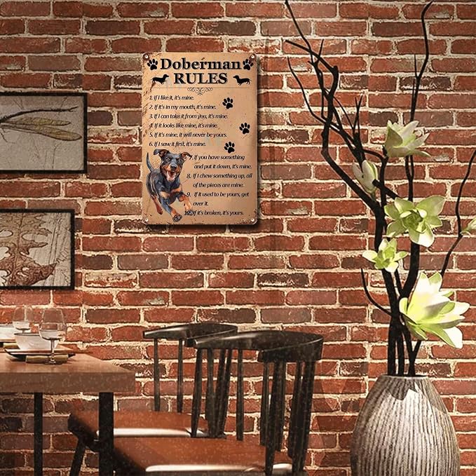 Metal Sign Tin Sign Vintage Wall Art Doberman Rules Metal Signs Vintage for Restaurant 12×16 Inches
