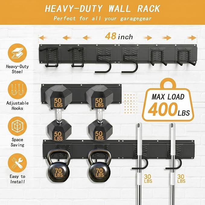 CBWLWJ Garage Tool Organizer Wall Mount, 48 inch Garage Wall Organizer, 400lbs Sturdy Garden Tool Organizer with 6 Adjustable Hooks, for Yard, Shed, Basement, Workshop(Black)