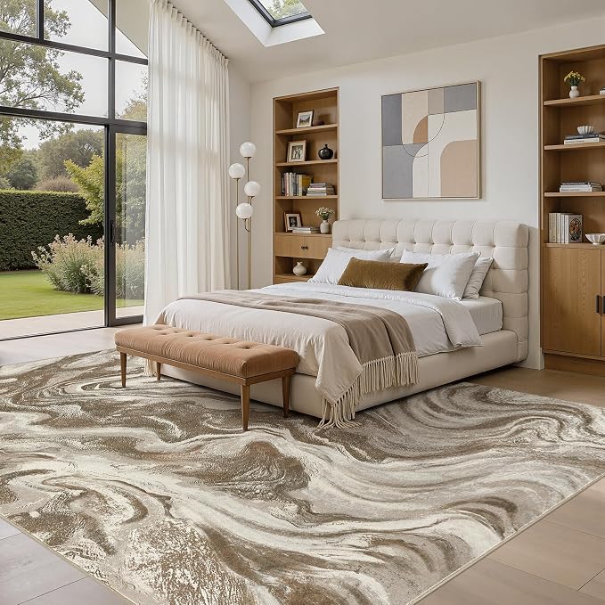 DMOYEST 9x12 Area Rug for Living Room Washable Abstract Indoor Carpet | Neutral Modern Low Pile Rugs Kid & Pet Friendly Large Soft Thin Carpet for Bedroom Dining Room and Office - Sand Brown