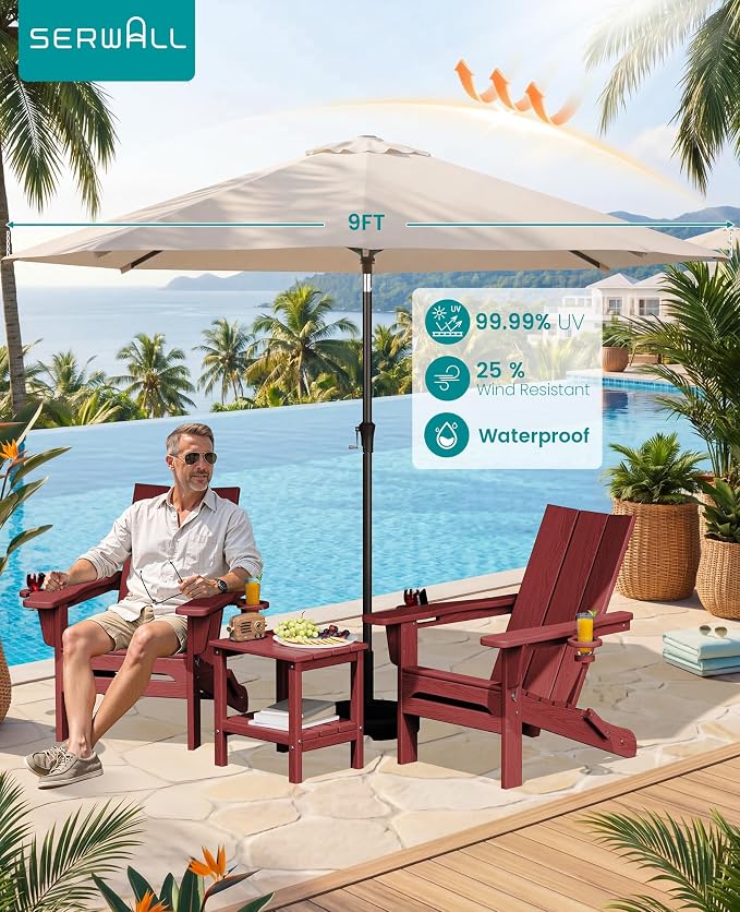 SERWALL Modern Folding Adirondack Chair Set with 9 Ft Umbrella, Folable Adirondack Chairs Set of 2 with Cup Holders, HDPE Fire Pit Chairs for Patio Lawn Garden, Red (Umbrella Base is not Included)