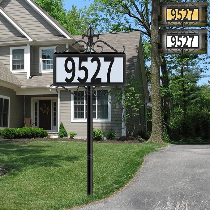 Metal Solar Address Signs for Yard with Warm White & Cold White - 50 Customizable (from 0 to 9) House Numbers for Outside, Weather-Resistant Lighted Address Plaque Outdoor, Illuminated LED Address Numbers Sign for Yard Home