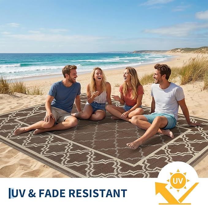 Garvee Reversible Outdoor Rug 8x10, Waterproof Outdoor Plastic Straw Rug with Interlacing Pattern, RV Mat for Picnics, Patio, Camping, Balcony, Deck, Backyard, Porch, Brown