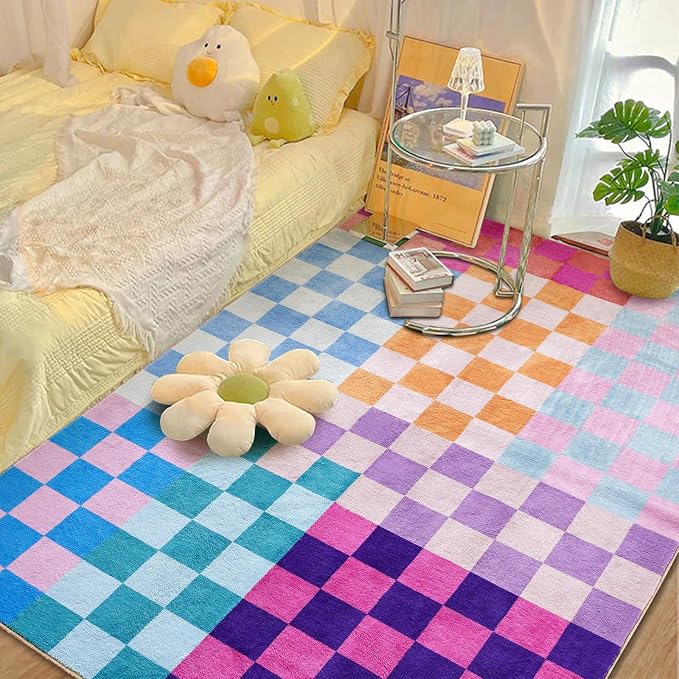 Multicolored Checkerboard Washable Rug 3x5 Ultra Thin Retro Funky Accent Area Rugs for Bathroom Bedroom Kitchen Entryway Dorm Aesthetic, Colorful Checkered Modern Geometric Indoor Doormat