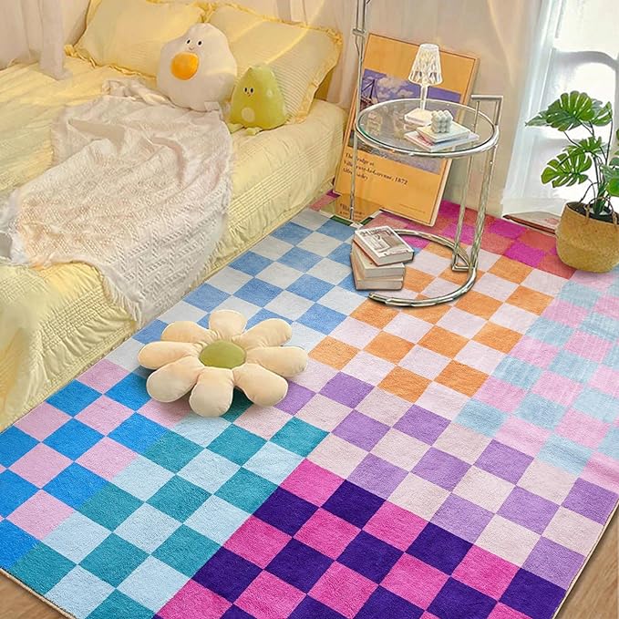 Multicolored Checkerboard Washable Rug 9x12 Ultra Thin Retro Aesthetic Funky Area Rugs Carpet for Living Dining Room Bedroom Kitchen Office Dorm, Colorful Checkered Modern Geometric Carpet