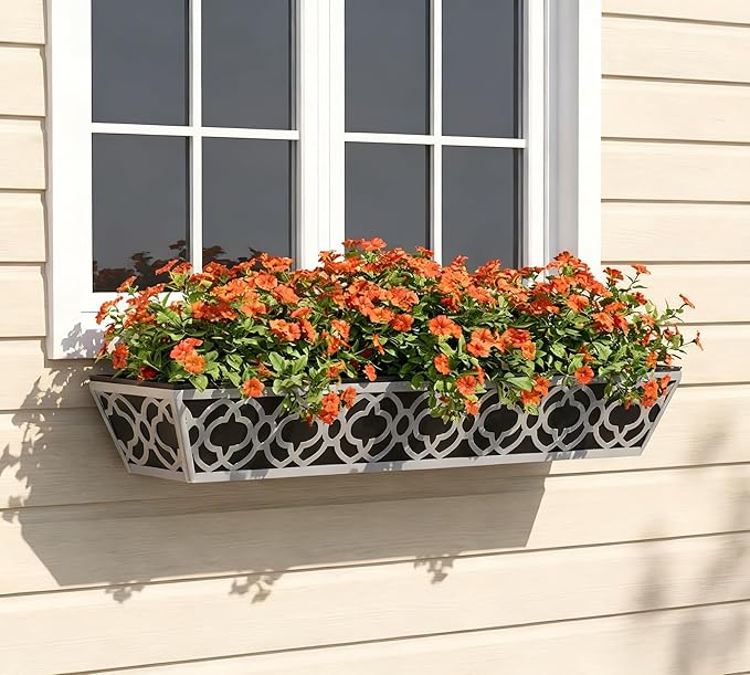 Y&M 30'' Hanging Railing Planter Box Set with Black Non-Woven Fabric Liner, 2 Pcs Large Metal Flower Boxes with Adjustable Brackets for Balcony, Deck, Fence, and Garden - Gray