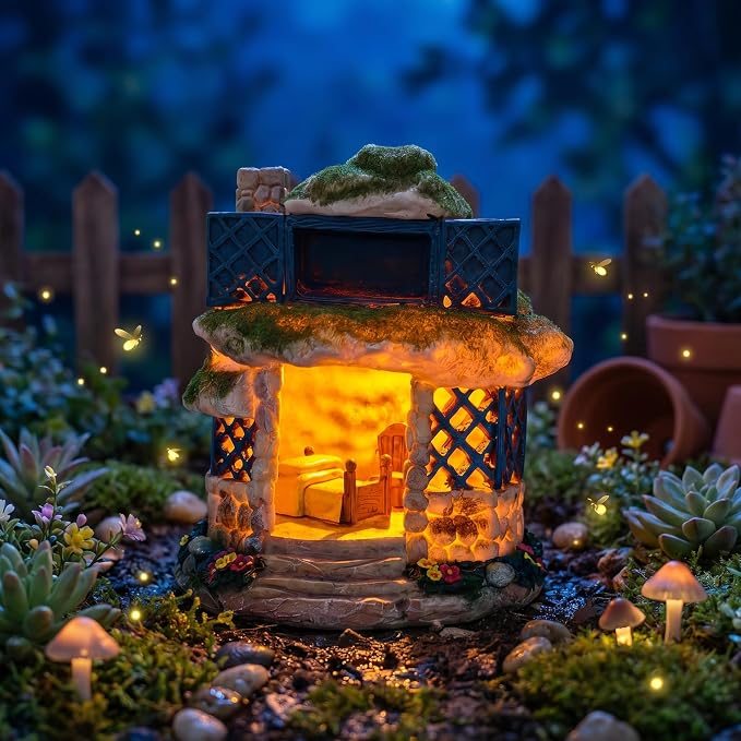 COWOS 2-Tier Fairy Garden Stone Cottage, Resin Moss House with Lattice Windows, Outdoor Patio Yard Decor, Landscape Ornament for DIY Fairy Garden & Bonsai