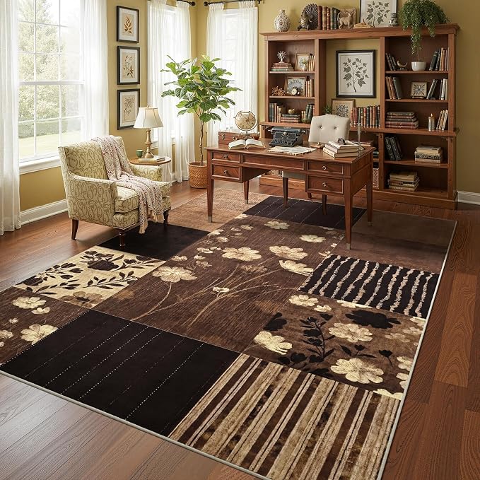 DweIke Floral Rugs for Living Room, 5x7 Washable Area Rug for Dining Room Farmhouse Office Bedroom Decor, Geometric Patchwork Stain Resistant Low Pile Indoor Floor Throw Rugs, Dark Brown