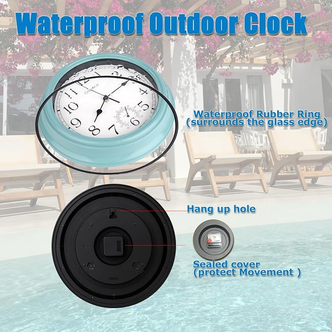 Crosstime 16 Inch Large Outdoor Clock Waterproof with Thermometer - Vintage Indoor Outdoor Wall Clocks for Patio,Pool,Garden,Home Decor - Teal
