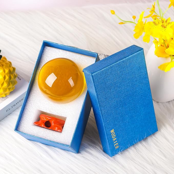 Yellow Crystal Ball 100mm/3.9 inch with Rose Wooden Stand and Gift Box for lensball Photography,Fortune Teller,Feng Shui, Witchcraft Decor,Scrying,Magic,Large Quartz Crystal Orb Prop Glass Sphere