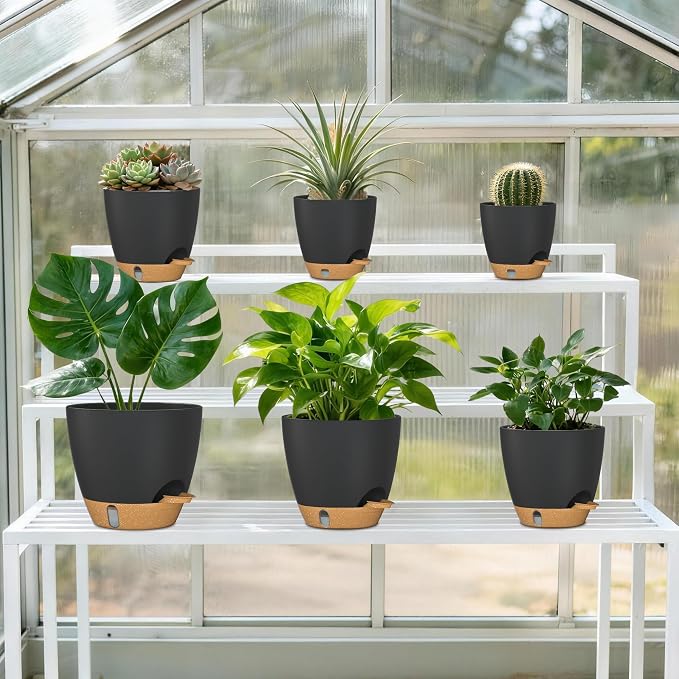 8/7/6.5/6/5.5/5 Inch Self Watering Pots for Indoor Outdoor Plants, Set of 6 Large Plastic Planters with Visual Water Window, Drainage Holes & Watering Lip, Modern Decorative Flower Pots (Black)