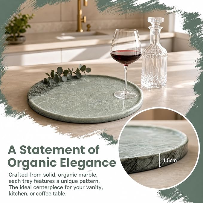 Real Natural Marble Round Tray 10.2in Solid Stone Decorative Plate | Luxury Light Green Marble Decor Tray for Candle, Jewelry, Plant. Food-Safe Solid Stone Serving Dish with Unique Veining