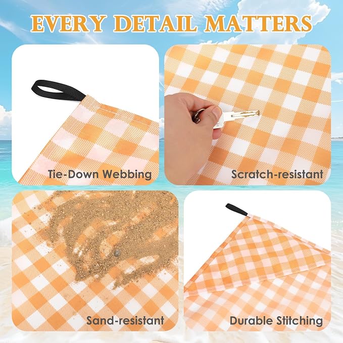 Fammart Pocket Picnic Blanket Sandproof Waterproof, Portable Lightweight Camping Tarp, Quick Dry Foldable Compact Beach Mat with Corner Pockets & Stakes for Festivals Hiking Outdoor Essentials