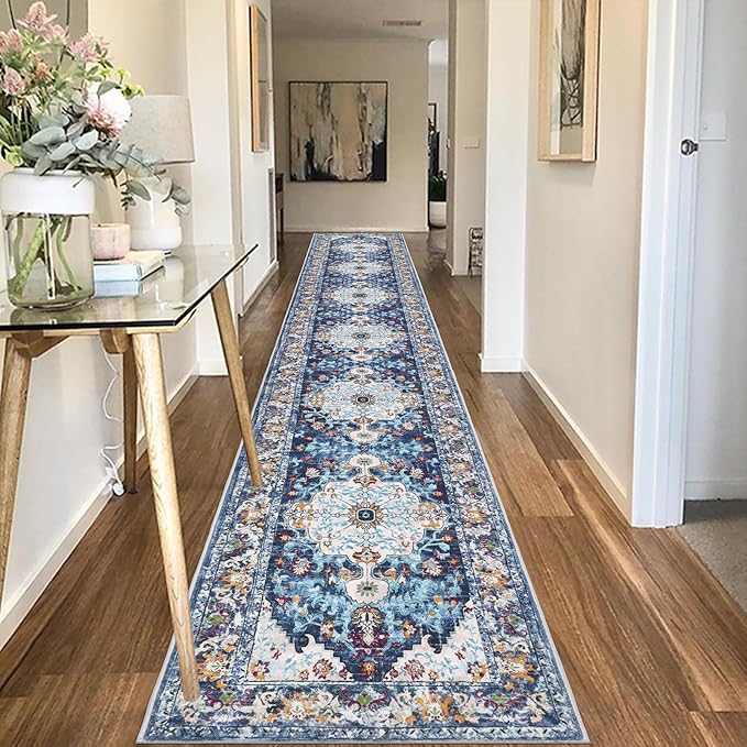 U'Artlines 2'x14' Boho Hallway Runner Rug Non Slip Washable Runners,Blue | Vintage Farmhouse Kitchen Rug Accent Area Carpet for Entryway Laundry and Living Room