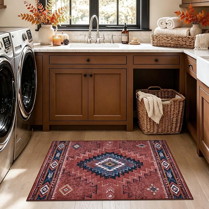 Yinhua 2x3 Area Rug Non-Slip, Western Entryway Rugs Low-Pile | Rust Aztec Washable Rug Stain Resistant, Soft Fall Front Door Rugs with Rubber Backing for Bathroom Kitchen Hallway