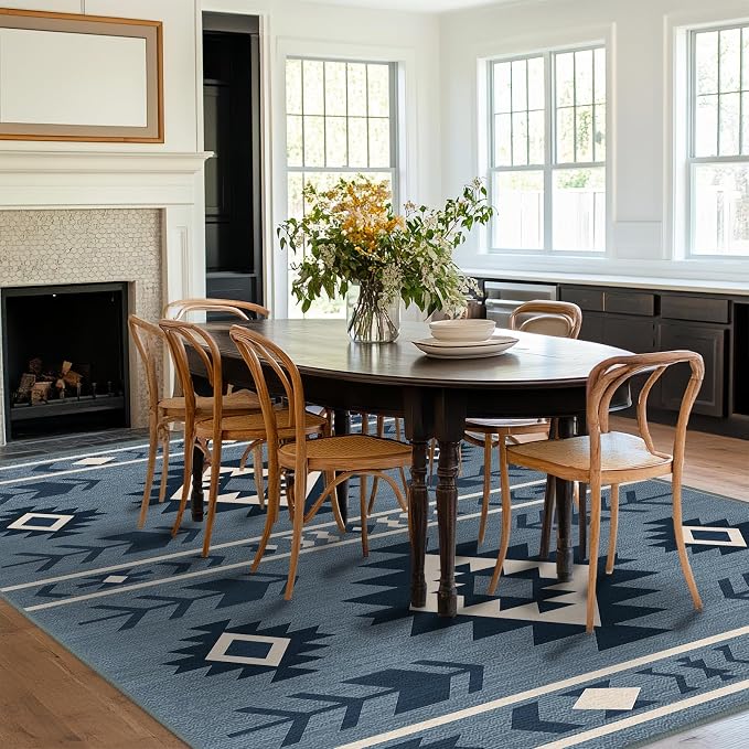 8x10 Area Rug for Living Room Western Rug Southwestern Aztec Tribal Rugs Southwest Navajo Machine Washable Non-Slip Printed Low-Pile Floor Carpet for Bedroom Dining Room Office, Blue