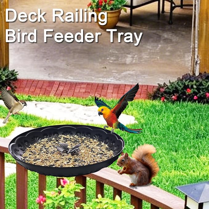 Deck Railing Bird Feeder Tray,Metal 11" Platform Bird Feeders Mesh Seed Tray for Outside/Balcony (Black-1pack)