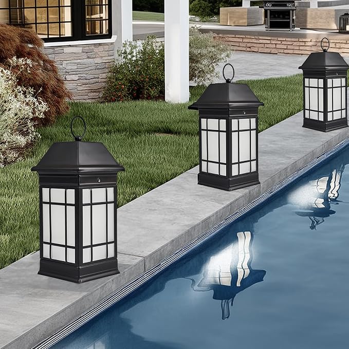 15.5" Solar Lantern Outdoor Waterproof, Glass Flickering Flame Solar Lanterns, Hanging Metal Lantern Decorative for Patio Front Porch Garden Backyard Tabletop Mothers Day Gifts Mom