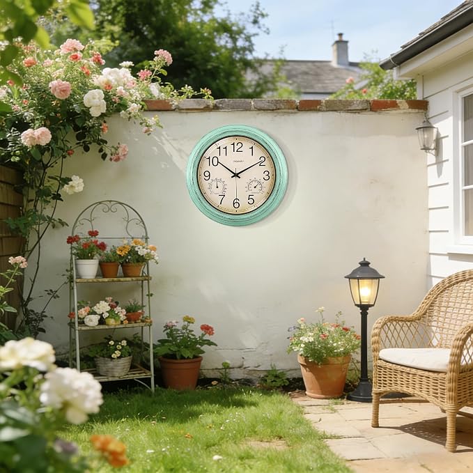 VIKMARI Indoor Outdoor Sealed Glass Clock Waterproof Silent Classic Quartz Clocks Thermometer and Hygrometer Combo Battery Operated Wall Clocks for Bathroom Patio Pool Wall Decor (12 Inch,Teal Green)