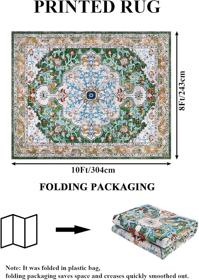 U'Artlines Boho Vintage Area Rug 8x10 Machine Washable Carpet, Green | Low Pile, Non Slip, Ultra-Thin Soft Floor Carpet, Accent Rug for Living Room Bedroom Dining Room Office