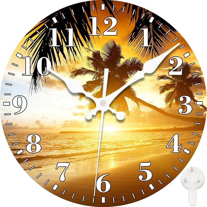 Wall Clocks Battery Operated, Tropical Palm Tree and Sunset on Ocean Beach Silent Non Ticking Decorative Indoor Outdoor Wall Clocks for Living Room Kitchen Bedroom Bathroom 12"