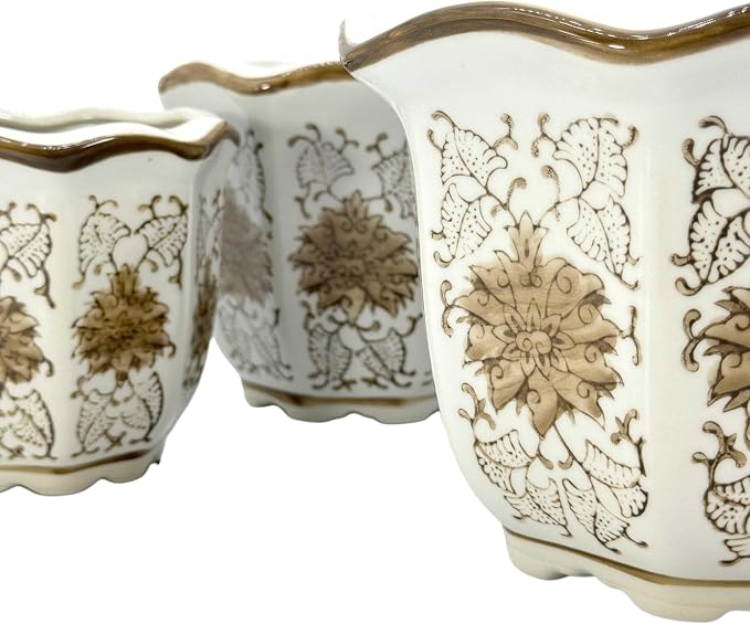 Galt International Brown & White Floral Porcelain Ceramic Decorative Flower Pot 8"/6"/4.5" Garden Pots Chinese Asian Design - Set of 3 Brown & White Fluted