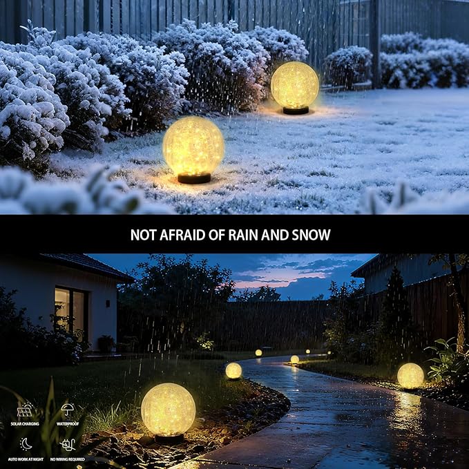 HOTEAGLE Solar Globe Lights Outdoor Waterproof-Large 2-Pack Solar Balls Lights for Outside Garden-Cracked Glass Ball Solar Lights for Garden Patio & Lawn Backyard Decor (Yellow, 5.9 inch)