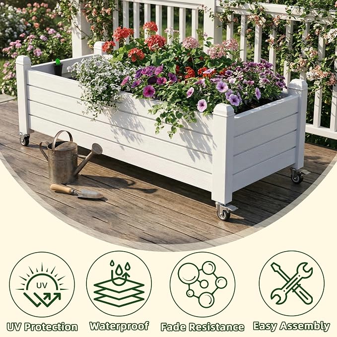 Vixzen Mobile Raised Garden Bed with Lockable Wheels, Resin Outdoor Planter Box with Drainage for Vegetables, Flowers, Herbs in Patio, Yard, Balcony (Gray, 43.31 * 17.72 * 17.56)