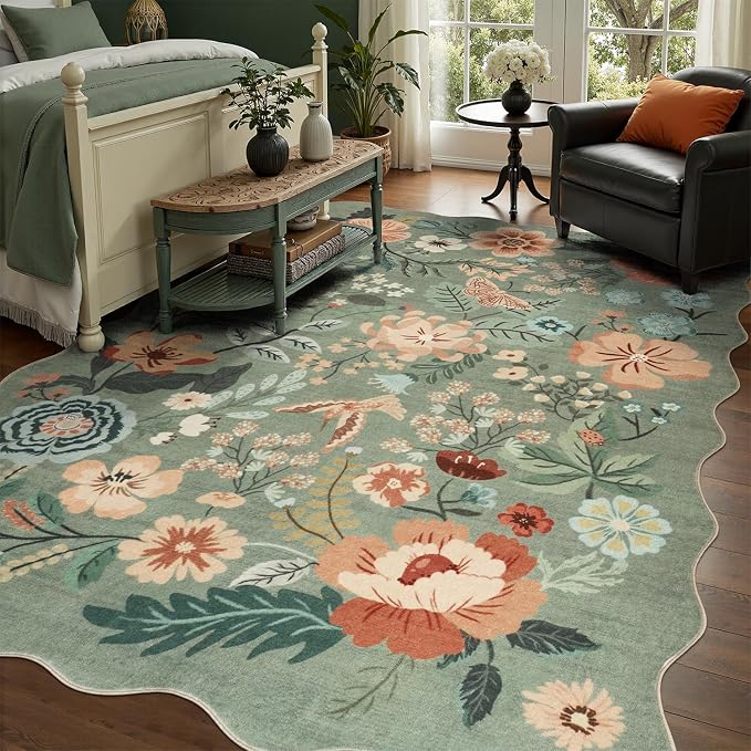 DCX Vintage Floral Washable Area Rug 5x7, Non Slip Low Pile Rug, Sage Green | Rugs for bedroom, living room, dining room, office, soft, kid & pet friendly, sain resistant indoor carpet, home decor