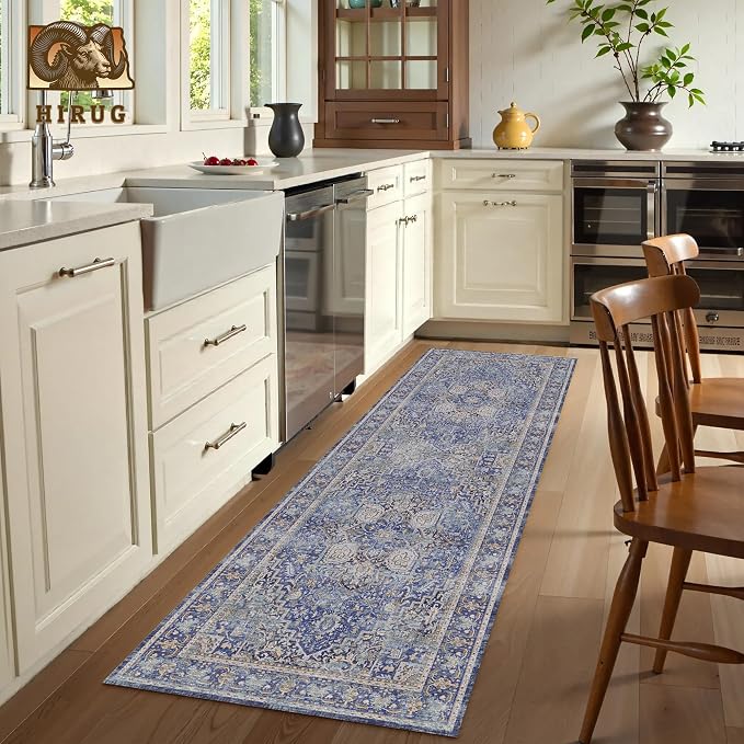 Washable Area Rug 2'6'' x 8' Vintage Traditional Persian Mat - Foldable Distressed Non-Slip Machine Washable Carpet for Living Room Bedroom Kitchen Home Decor - Indigo and Gold