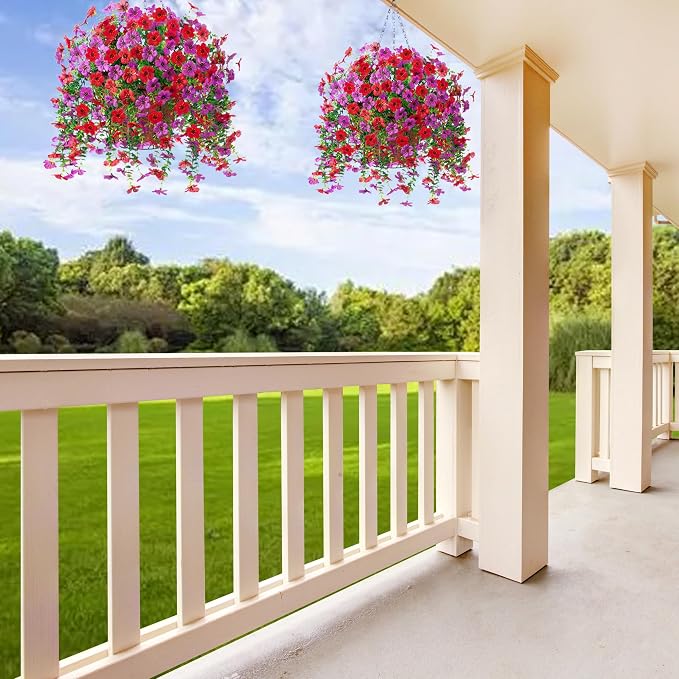 Artificial Fake Hanging Flowers Plants with Basket Spring Outdoor Decor,Faux Silk Flowers with Eucalyptus in Planter No Fade Flower in Basket for Farmhouse Home Garden Porch Patio Balcony(Red Purple)