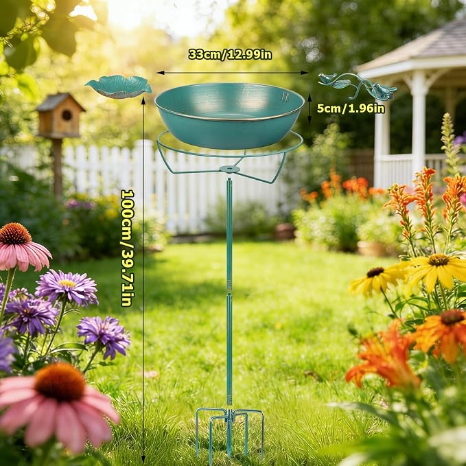 Mellbree Metal Bird Bath for Outside, 13" Dia 39" H Lake Blue with Gold Gilding, Freestanding with Perch & Feeder Bowl, Multi-Functional for Garden Patio Yard Lawn Outdoor Decor