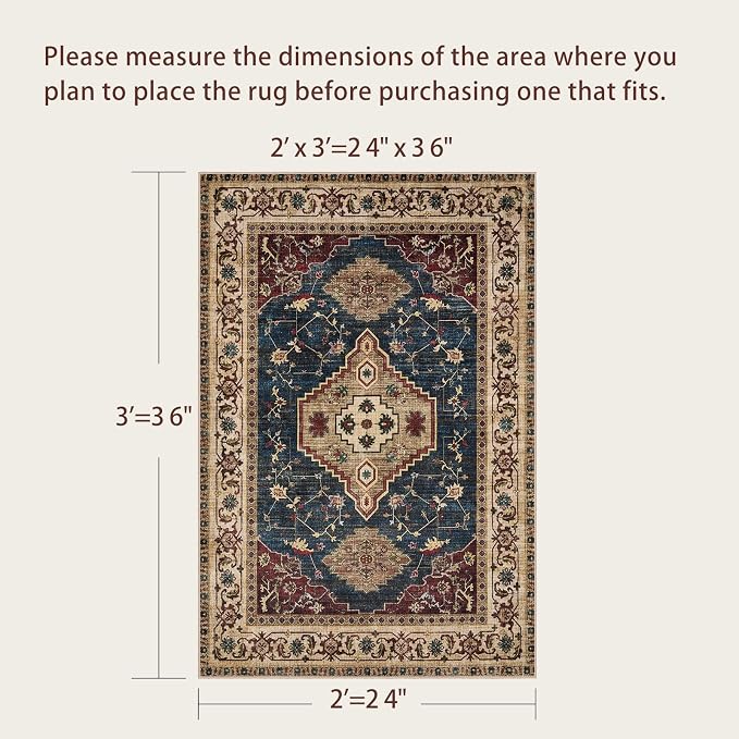 Tangsoo Oriental 2x3 Washable Rugs for Entryway, Non Slip Small Area Rug | Vintage Indoor Front Door Rug, Boho Print Door Mat Carpet, Soft Low Pile Throw Rugs for Entrance Entry Kitchen Bedroom