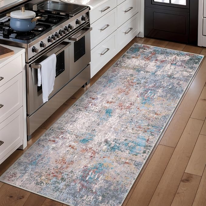 Tangsoo Modern 2x5 Washable Runner Rug, Abstract Runner Rug Non Slip | Indoor Soft Low Pile Accent Rug, Print Carpet Runners for Hallway Entryway Bedroom Kitchen Bathroom Blue Grey Home Decor