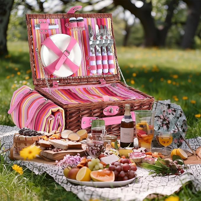 Picnic Basket Set for 4 with Waterproof Blanket Mat Insulation Bag Wicker Pink Stripe Classic Fresh Gift for Christmas Thanksgiving Wedding Birthday Camp Outdoor Beach Travel