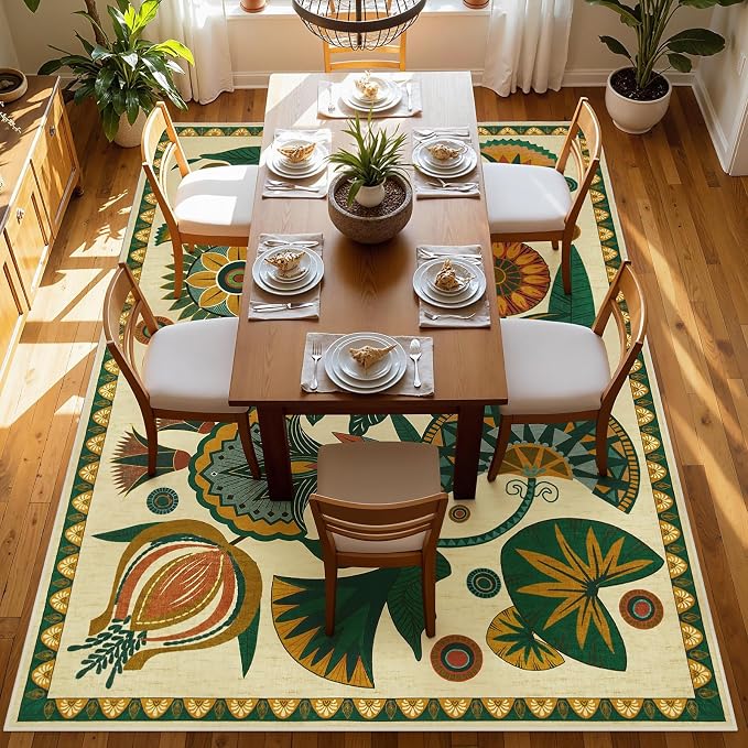 Joydeco Egypt Floral Boho Washable 6x9 Area Rugs for Living Room Bedroom | Botanical Colorful Vintage Aesthetic Non Slip Flower Indoor Carpet for Dining Room Office Guest Room Playroom Dorm, Beige