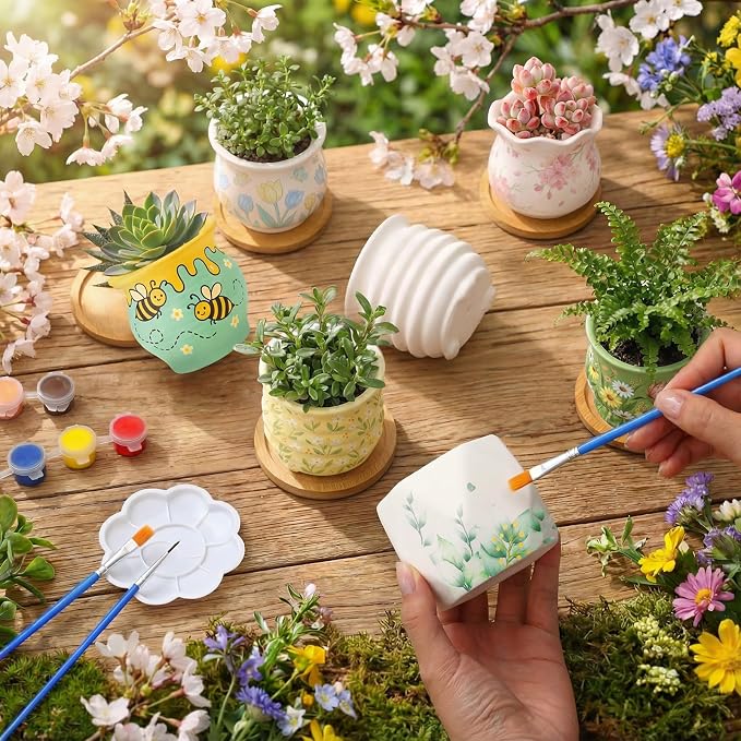 Leitee 15pcs Flower Pots 3 Inch Paint Your Own Ceramic Pot Craft Kit Ready-to-Paint Small Succulent Pots Bulk with Drainage Hole Paint Set Mini Paintable Plant Vase for Spring Birthday DIY Gift