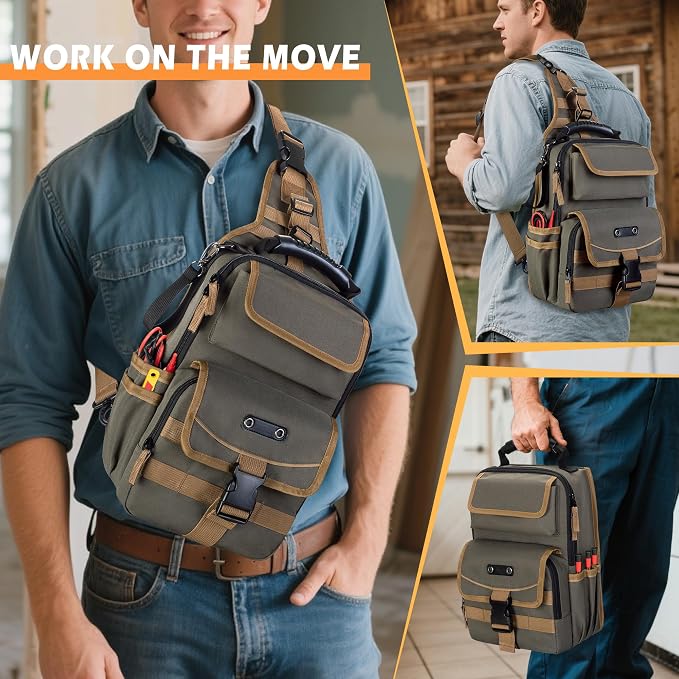 Electrician Tool Pouch Bag, Zippered HVAC Tool Organizer | Heavy-Duty Canvas Fabric, Ergonomic Handle, Removable Shoulder Strap, Ideal for Maintenance Repair Technician