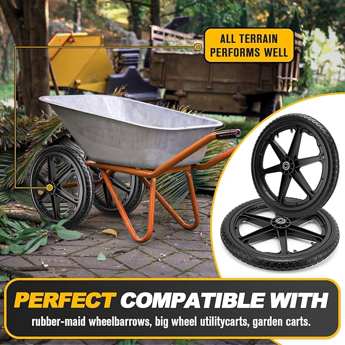 20" Flat Free Wheels Compatible with rubbermaid Wheelbarrow Tires,20" Flat Free Wheels Replacement for Rubbermaid 3/4" Bearings,600LB Capacity Utility Cart Tires | Lawn Mower Garden Hand Truck Wheel