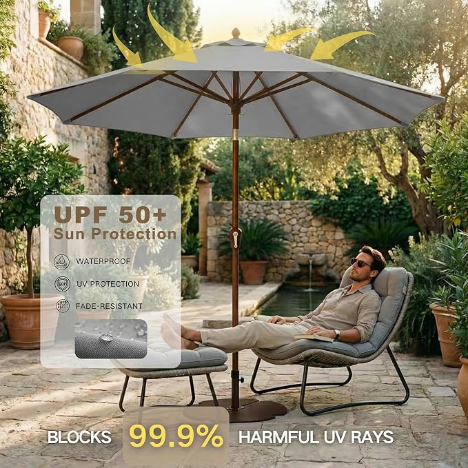 Kingdura 10FT Outdoor Patio Umbrella, Round Market Table Umbrella with Push‑Button Tilt and Crank Lift, 8 Sturdy Metal Ribs, UV50+ Protection Canopy for Backyard, Lawn, Deck, Poolside, Garden (Light grey)