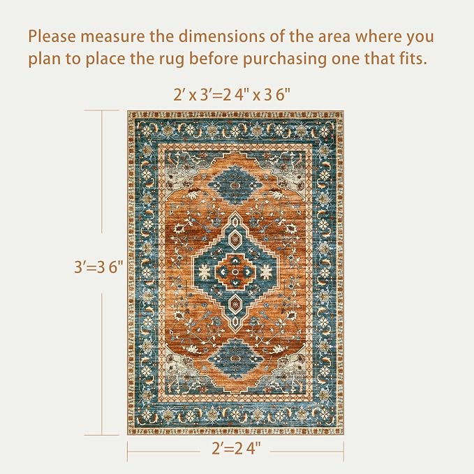 Tangsoo Oriental 2x3 Washable Rugs for Entryway, Non Slip Small Area Rug | Vintage Indoor Front Door Rug, Boho Door Mat Carpet, Soft Low Pile Throw Rugs for Entrance Entry Kitchen Bedroom Orange/Blue